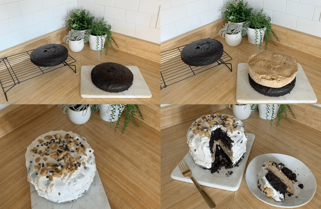 Photo montage of the steps to making homemade plant-based ice cream cake.